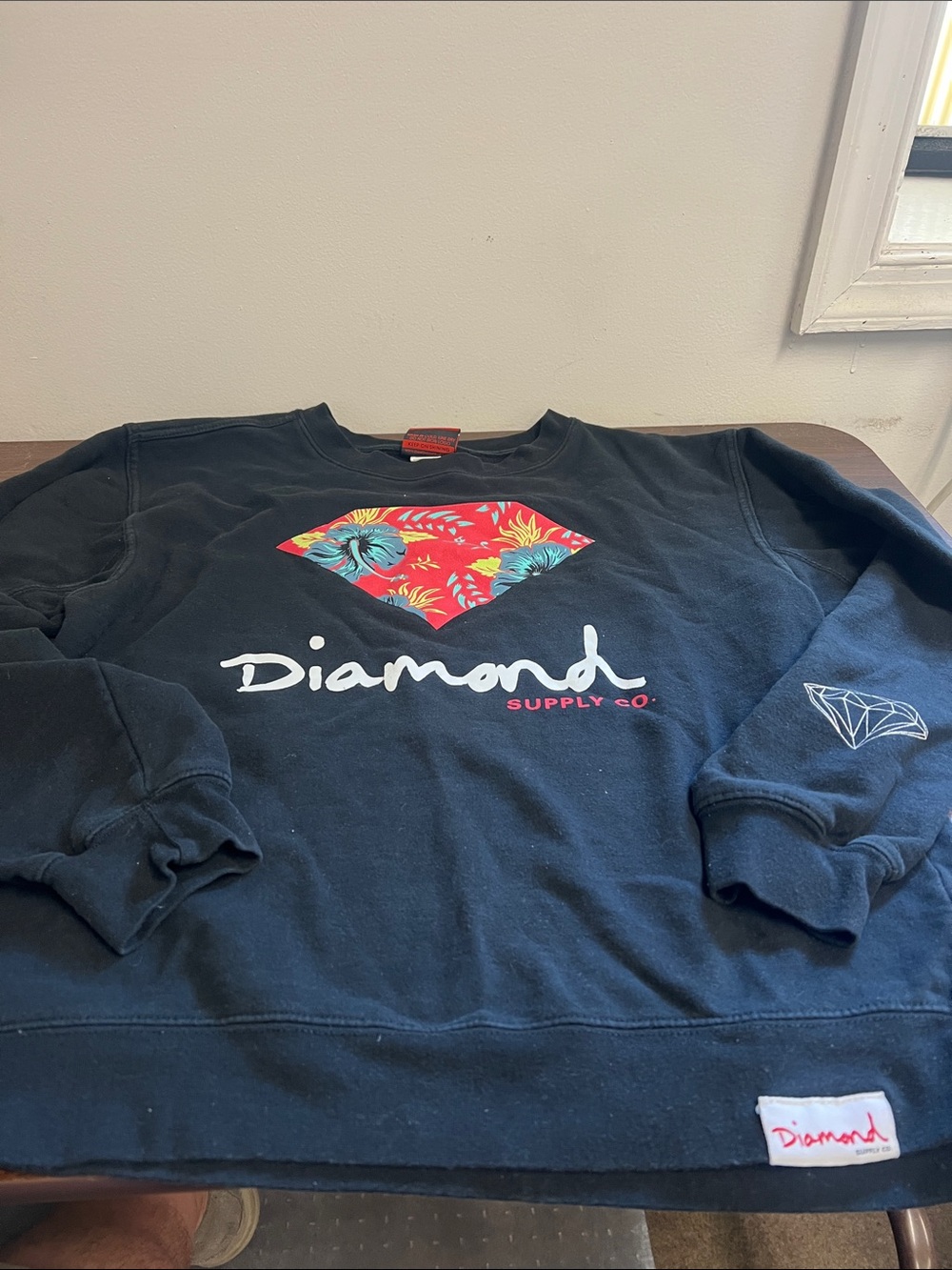 Diamond Supply Co. Black Crewneck Sweatshirt with Red Floral Diamond Graphic